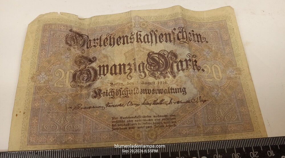 1914 Germany 20 Mark Darlehenskassenschein Banknote WW1 P-48b Circulated